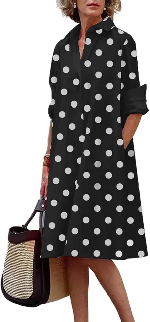 Womens Linen Long Sleeve Simple Printed Button Down Shirt Dress Plus Size Loose Shirt Dresses for Women with 2 Pockets