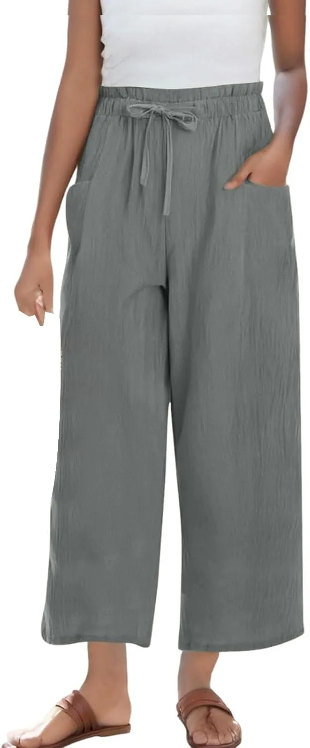 Women's Linen Pants Casual Drawstring High Waisted Wide Leg Capri Pant Summer Baggy Palazzo Trousers with Pockets