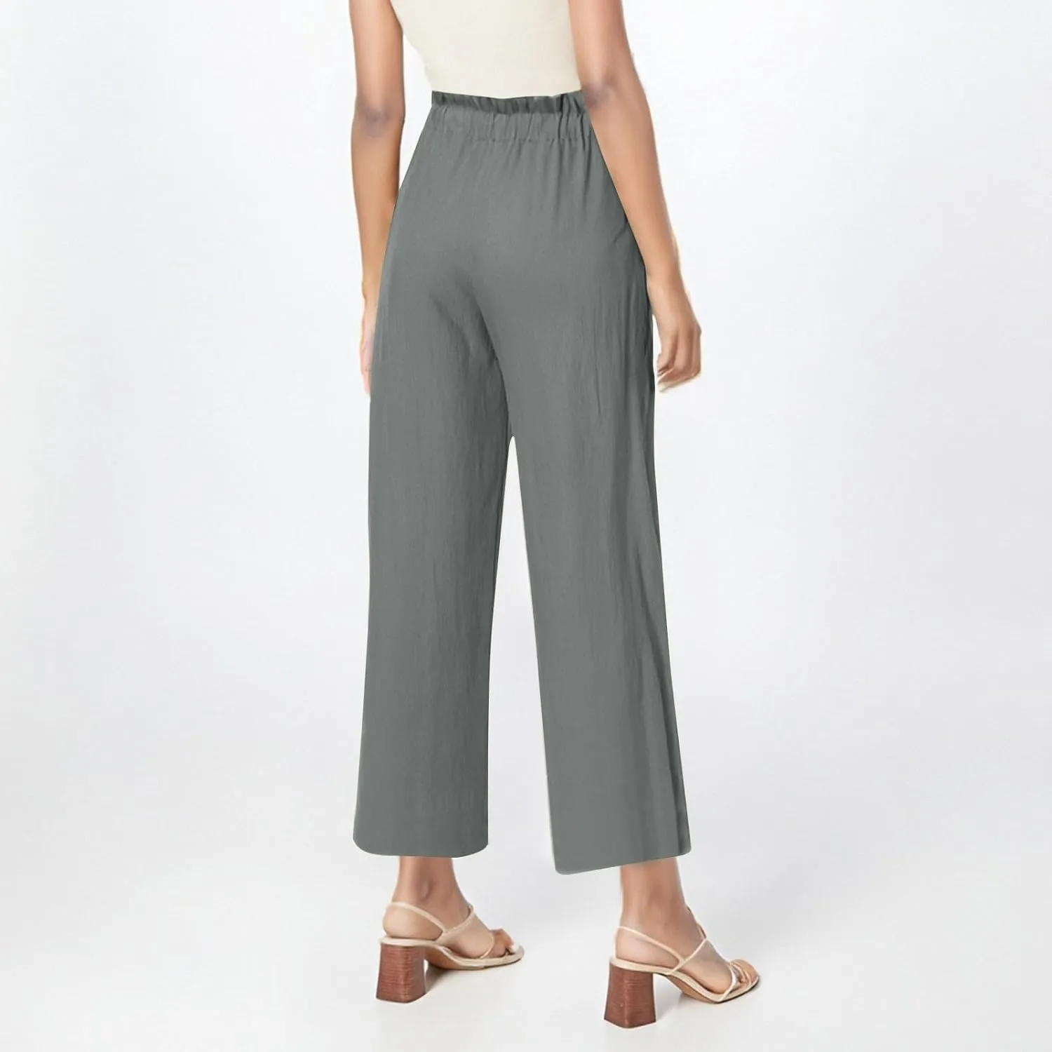 Women's Linen Pants Casual Drawstring High Waisted Wide Leg Capri Pant Summer Baggy Palazzo Trousers with Pockets