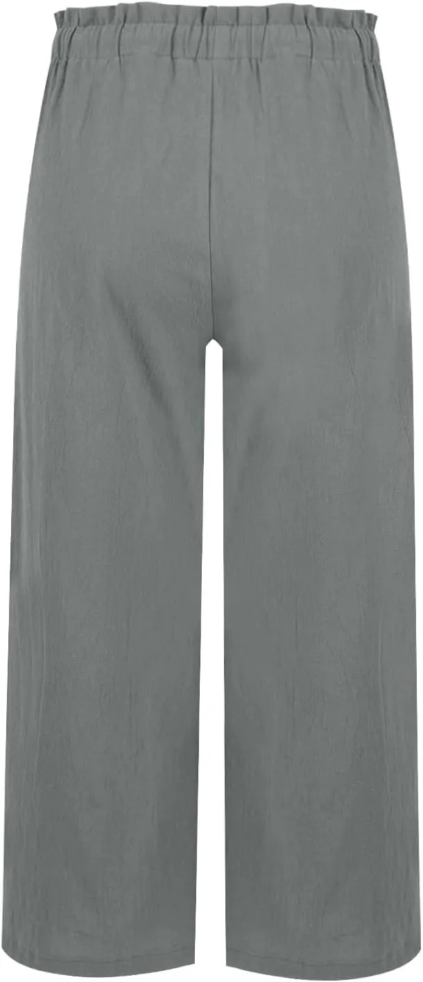 Women's Linen Pants Casual Drawstring High Waisted Wide Leg Capri Pant Summer Baggy Palazzo Trousers with Pockets