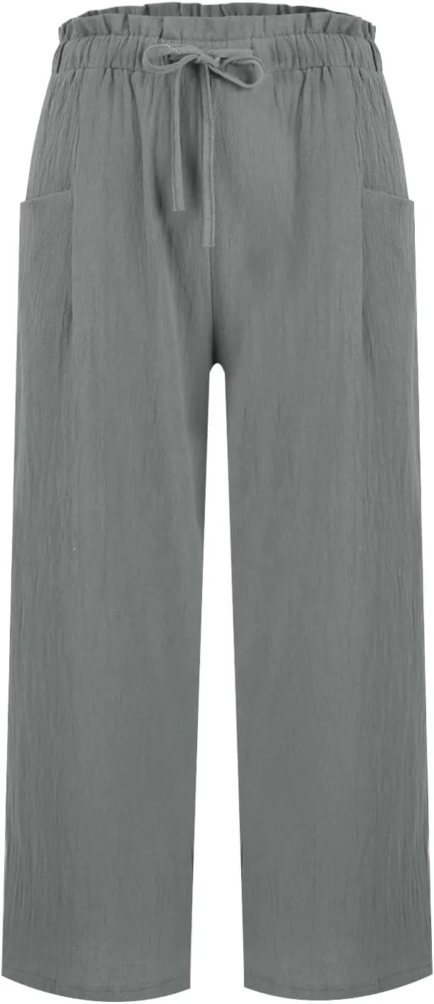 Women's Linen Pants Casual Drawstring High Waisted Wide Leg Capri Pant Summer Baggy Palazzo Trousers with Pockets
