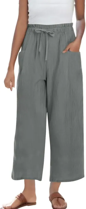 Women's Linen Pants Casual Drawstring High Waisted Wide Leg Capri Pant Summer Baggy Palazzo Trousers with Pockets