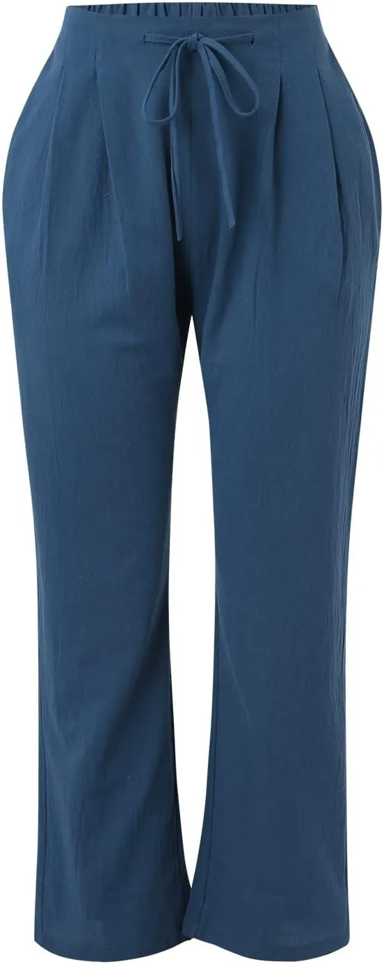 Womens Linen Pants Casual Straight Leg Fit Elastic Waisted Drawstring Cotton Trousers with Pockets Summer Yoga Pant