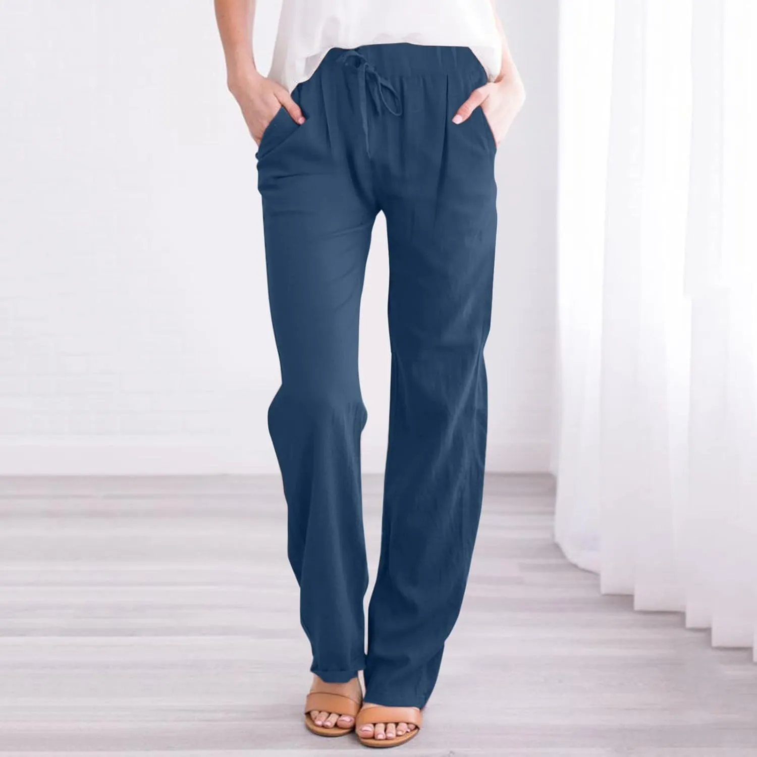 Womens Linen Pants Casual Straight Leg Fit Elastic Waisted Drawstring Cotton Trousers with Pockets Summer Yoga Pant