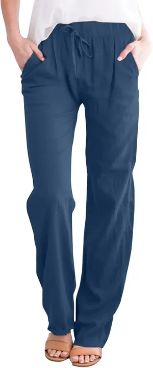 Womens Linen Pants Casual Straight Leg Fit Elastic Waisted Drawstring Cotton Trousers with Pockets Summer Yoga Pant