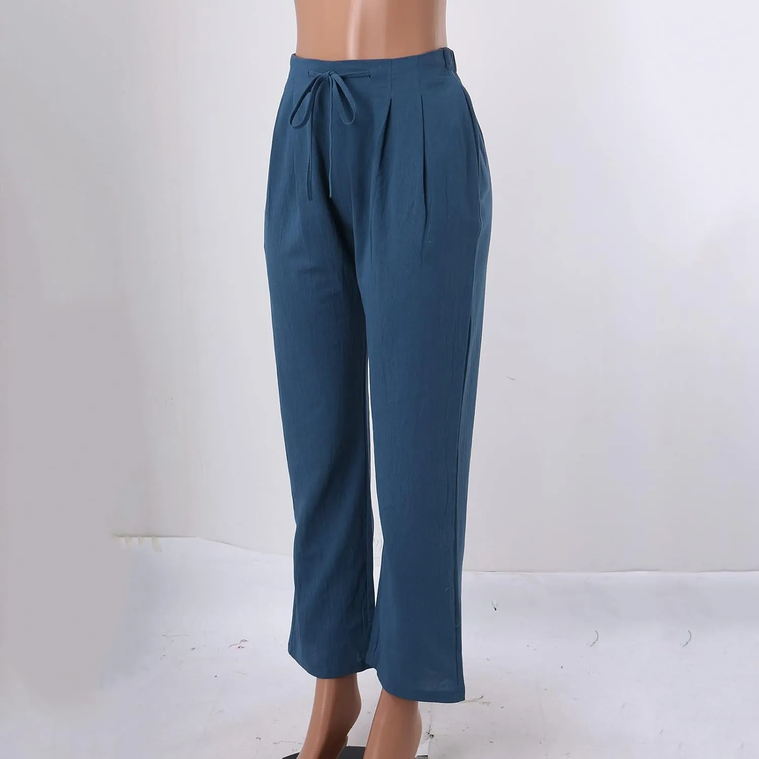 Womens Linen Pants Casual Straight Leg Fit Elastic Waisted Drawstring Cotton Trousers with Pockets Summer Yoga Pant