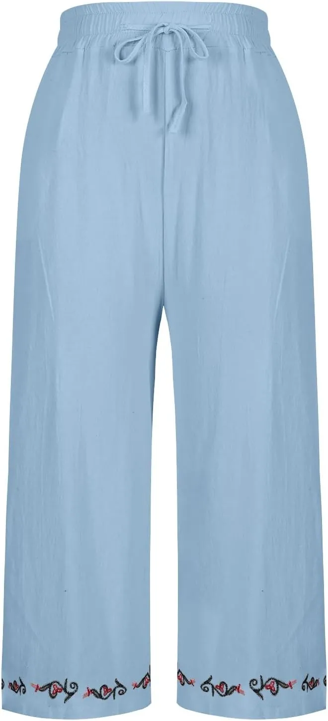 Womens Linen Pants High Waisted Wide Leg Pants Baggy Elastic Drawstring Casual Loose Palazzo Trousers with Pockets