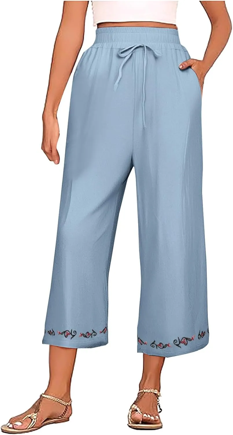 Womens Linen Pants High Waisted Wide Leg Pants Baggy Elastic Drawstring Casual Loose Palazzo Trousers with Pockets
