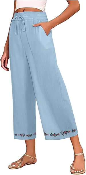 Womens Linen Pants High Waisted Wide Leg Pants Baggy Elastic Drawstring Casual Loose Palazzo Trousers with Pockets