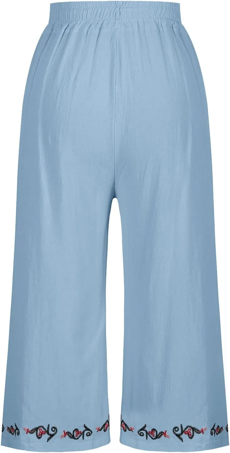 Womens Linen Pants High Waisted Wide Leg Pants Baggy Elastic Drawstring Casual Loose Palazzo Trousers with Pockets