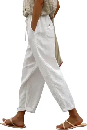 Women's Linen Pants Loose Summer Casual Solid Color Straight Leg Beach High Waisted Linen Pants Plus Size Ankle Trousers