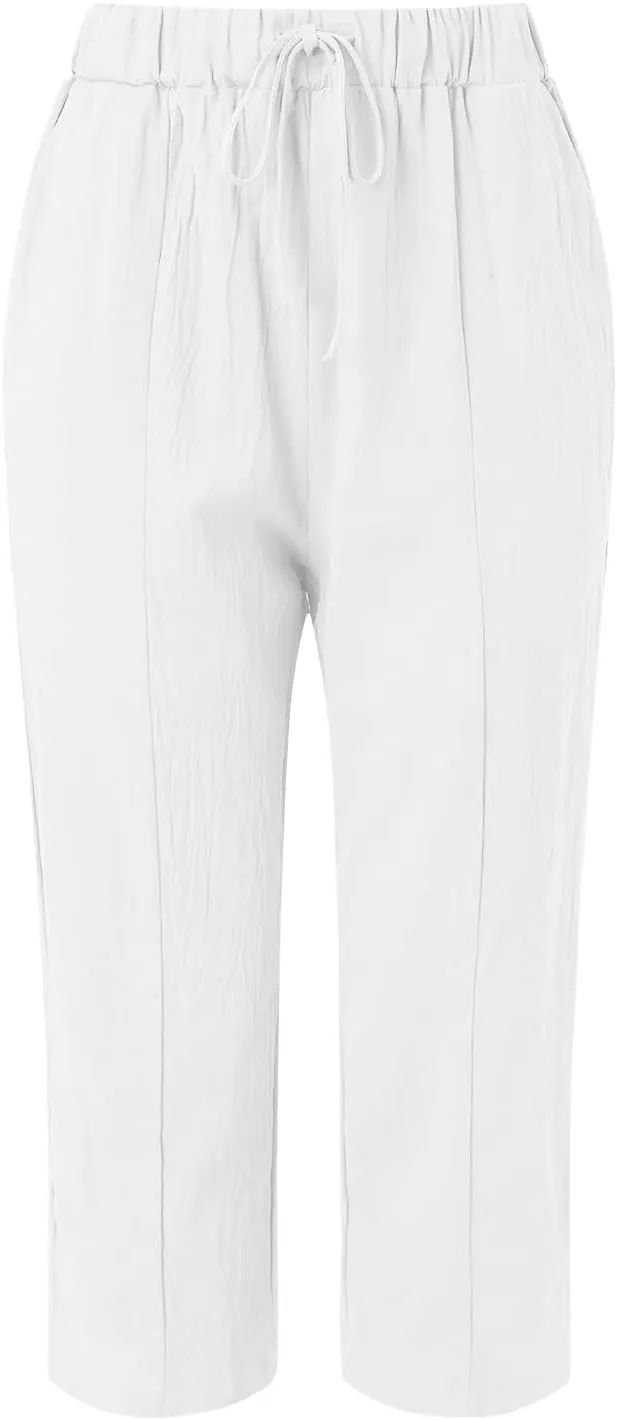 Women's Linen Pants Loose Summer Casual Solid Color Straight Leg Beach High Waisted Linen Pants Plus Size Ankle Trousers