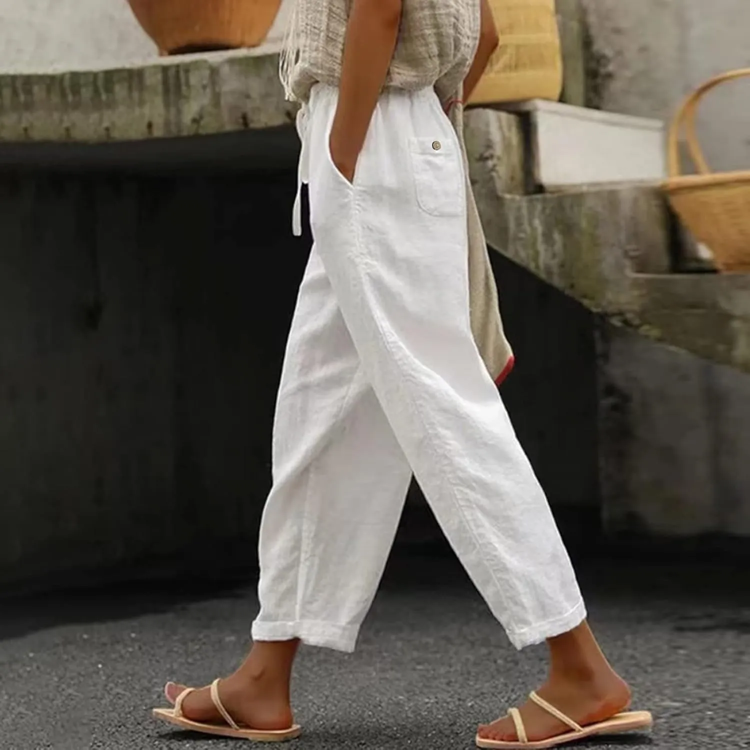 Women's Linen Pants Loose Summer Casual Solid Color Straight Leg Beach High Waisted Linen Pants Plus Size Ankle Trousers