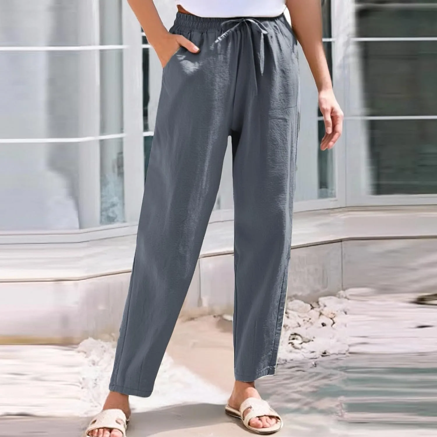 Womens Linen Pants Straight Leg Elastic Drawstring Casual Trousers with Pockets Summer Beach Lounge Pants