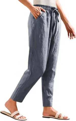 Womens Linen Pants Straight Leg Elastic Drawstring Casual Trousers with Pockets Summer Beach Lounge Pants