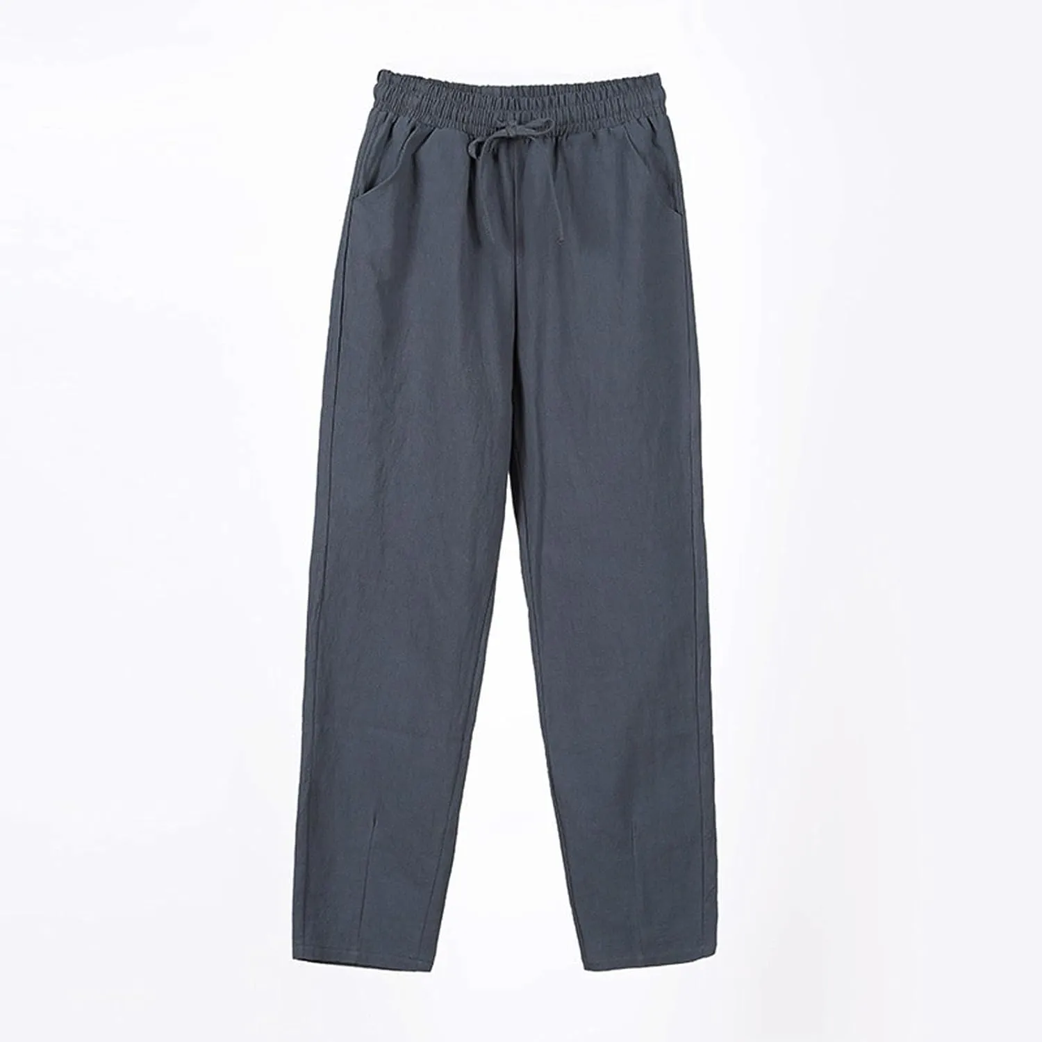 Womens Linen Pants Straight Leg Elastic Drawstring Casual Trousers with Pockets Summer Beach Lounge Pants