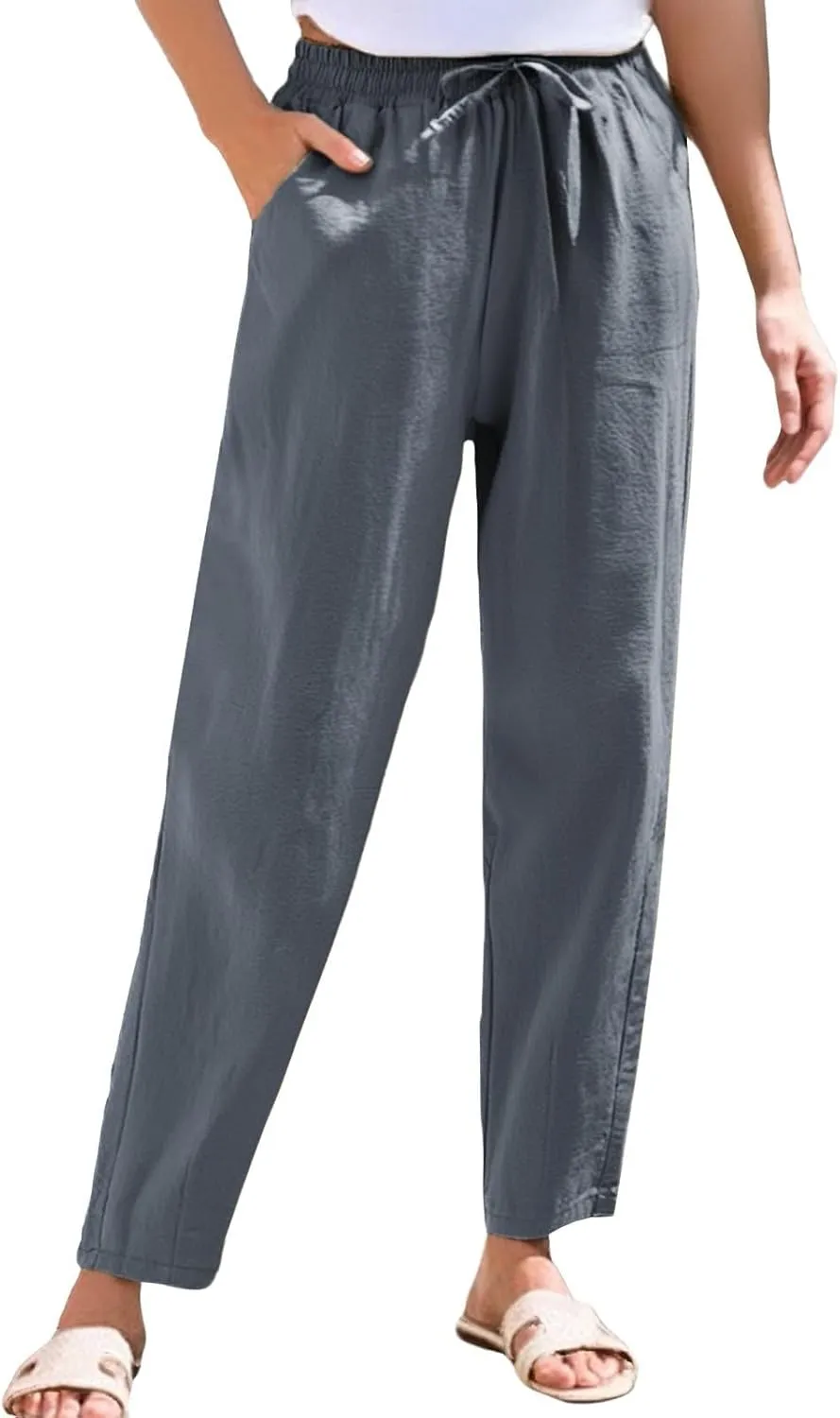 Womens Linen Pants Straight Leg Elastic Drawstring Casual Trousers with Pockets Summer Beach Lounge Pants