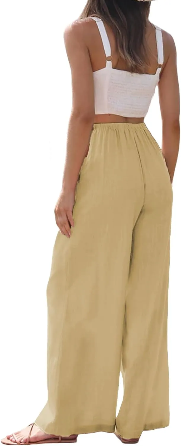 Women's Linen Pants Summer Loose High Waisted Drawstring Wide Leg Pants Casual Lightweight Trousers with Pockets