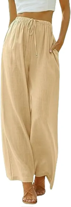 Women's Linen Pants Summer Loose High Waisted Drawstring Wide Leg Pants Casual Lightweight Trousers with Pockets