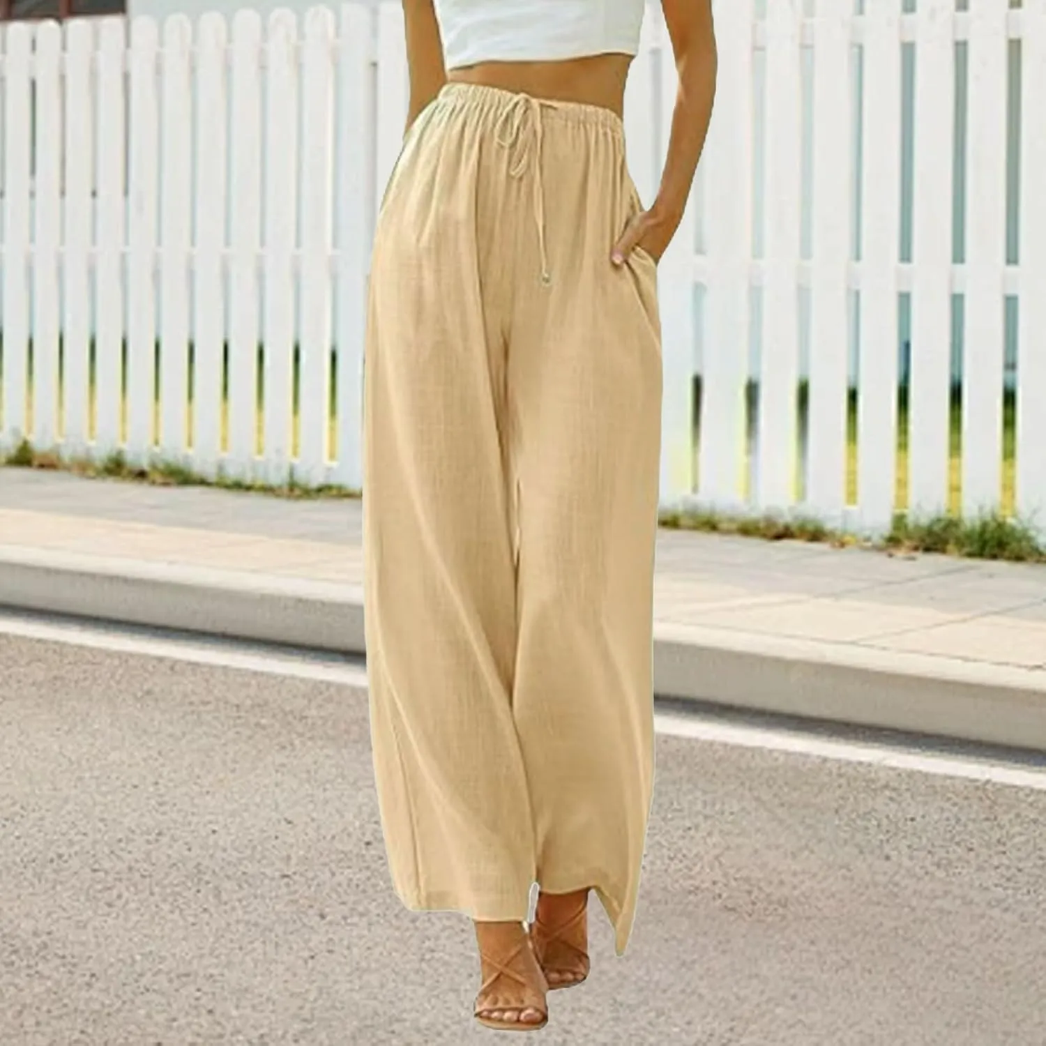 Women's Linen Pants Summer Loose High Waisted Drawstring Wide Leg Pants Casual Lightweight Trousers with Pockets