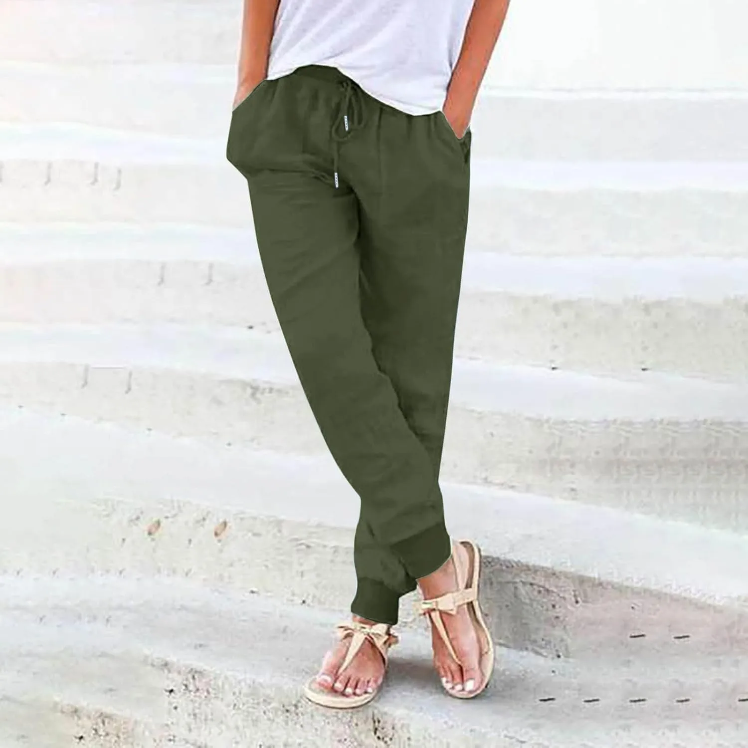 Women's Linen Summer Boho Pants High Waist Ankle Length Slim Fit Pants Business Work