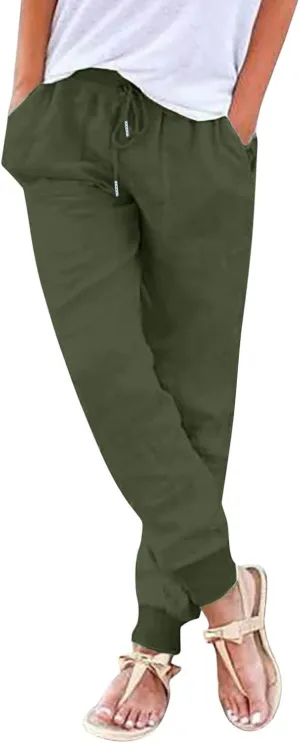 Women's Linen Summer Boho Pants High Waist Ankle Length Slim Fit Pants Business Work