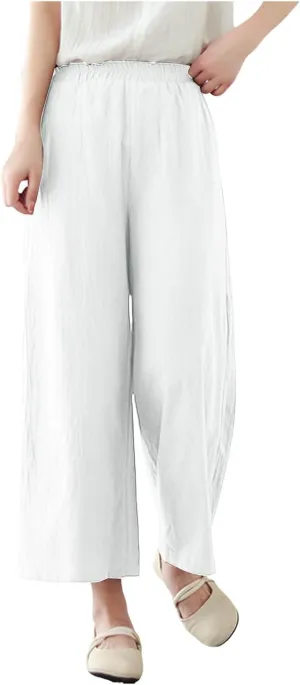 Women's Linen Summer Casual Loose Pant Trousers Elastic Waisted Straight Loose Fit Pant Trousers Work Business