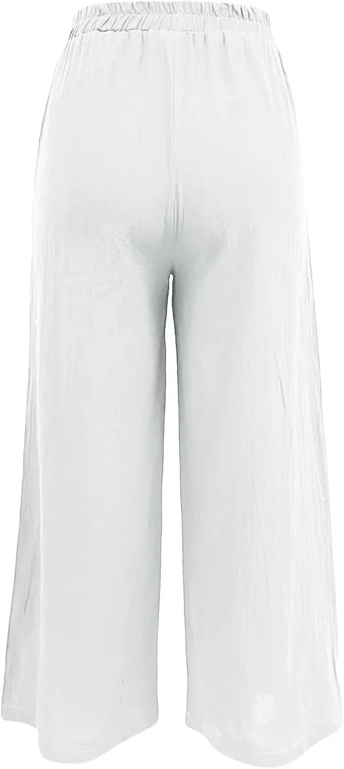 Women's Linen Summer Casual Loose Pant Trousers Elastic Waisted Straight Loose Fit Pant Trousers Work Business