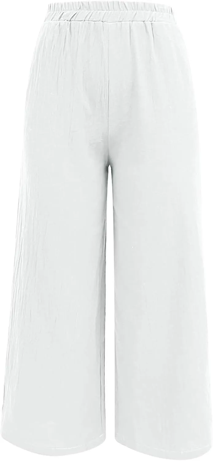 Women's Linen Summer Casual Loose Pant Trousers Elastic Waisted Straight Loose Fit Pant Trousers Work Business