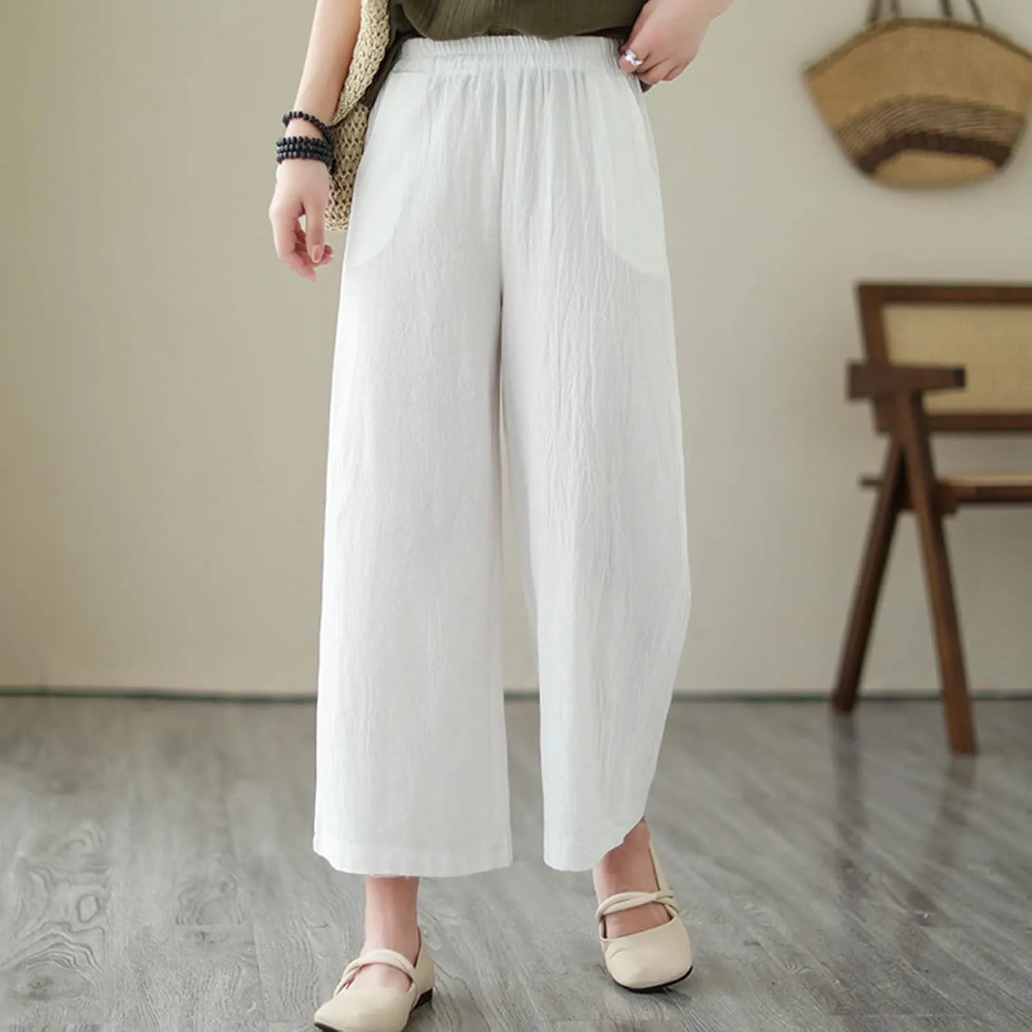 Women's Linen Summer Casual Loose Pant Trousers Elastic Waisted Straight Loose Fit Pant Trousers Work Business