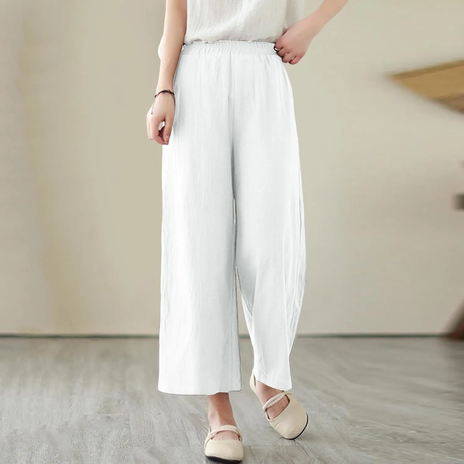 Women's Linen Summer Casual Loose Pant Trousers Elastic Waisted Straight Loose Fit Pant Trousers Work Business