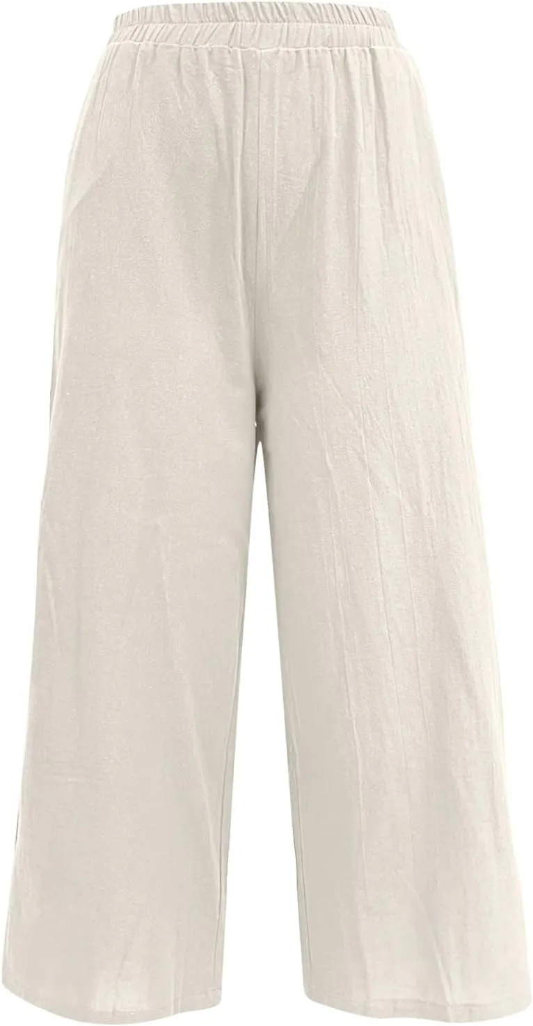 Womens Linen Summer Drawstring Pant Trousers Low Waist Bootcut Slim-Fit Palazzo Pants Trendy