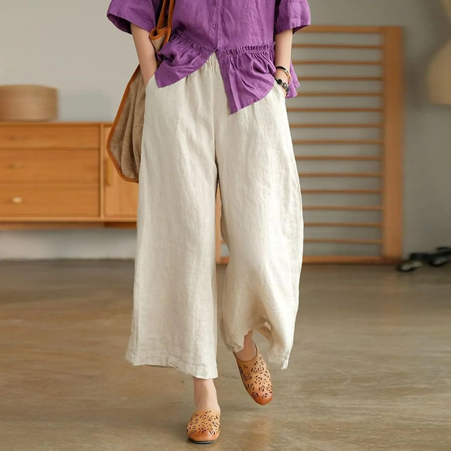 Womens Linen Summer Drawstring Pant Trousers Low Waist Bootcut Slim-Fit Palazzo Pants Trendy
