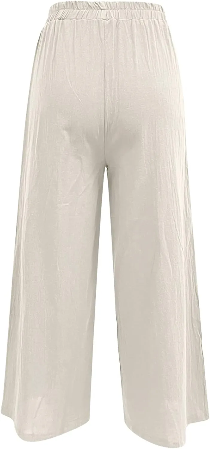 Womens Linen Summer Drawstring Pant Trousers Low Waist Bootcut Slim-Fit Palazzo Pants Trendy