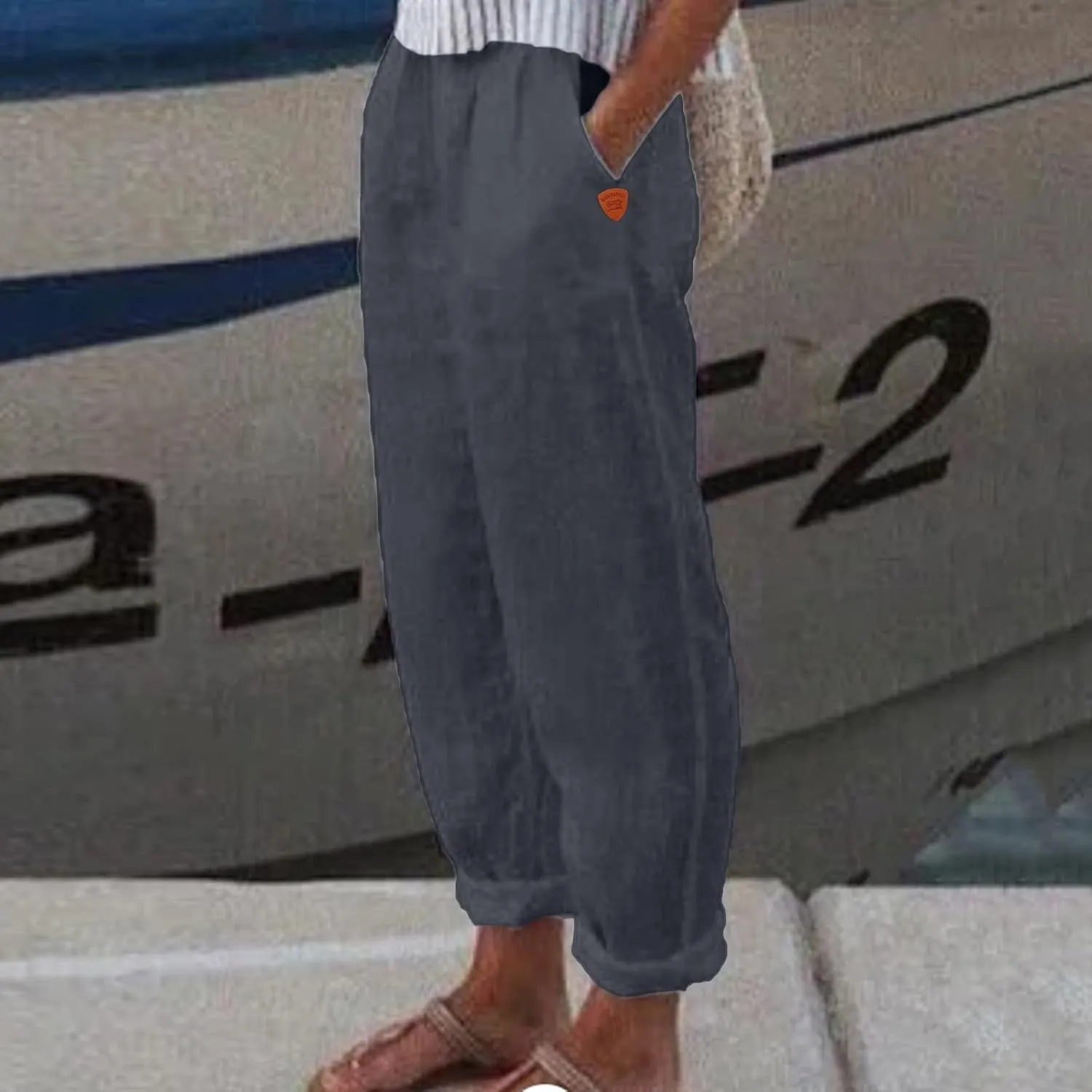 Women's Linen Summer Floral Pant Trousers Elastic Waist Wide Leg Slim-Fit Palazzo Pants Work Business