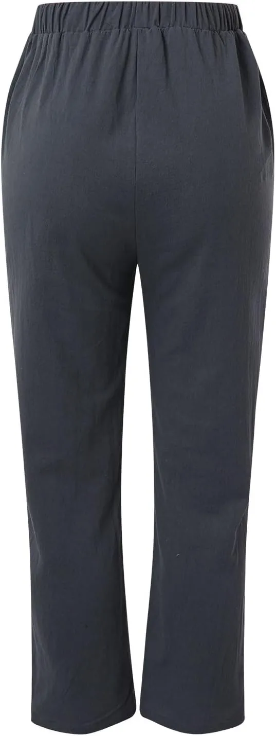 Women's Linen Summer Floral Pant Trousers Elastic Waist Wide Leg Slim-Fit Palazzo Pants Work Business