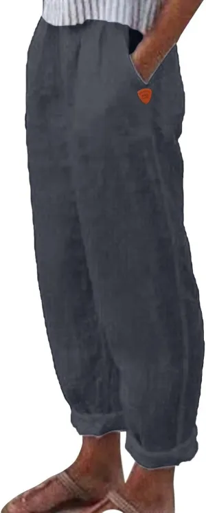 Women's Linen Summer Floral Pant Trousers Elastic Waist Wide Leg Slim-Fit Palazzo Pants Work Business