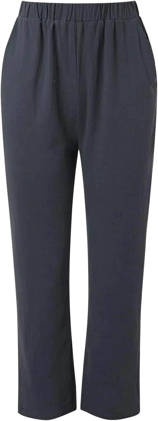 Women's Linen Summer Floral Pant Trousers Elastic Waist Wide Leg Slim-Fit Palazzo Pants Work Business