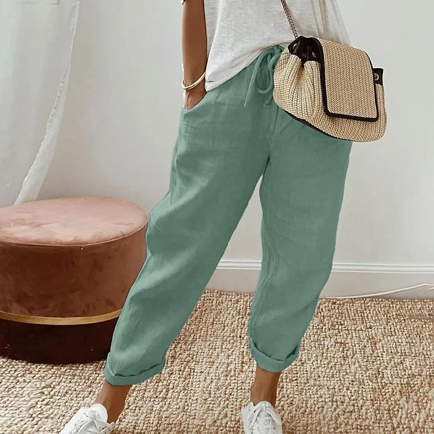 Womens Linen Summer Letter Patched Palazzo Pants Low Waist Stretchy Straight Slim Fit Palazzo Pants Office