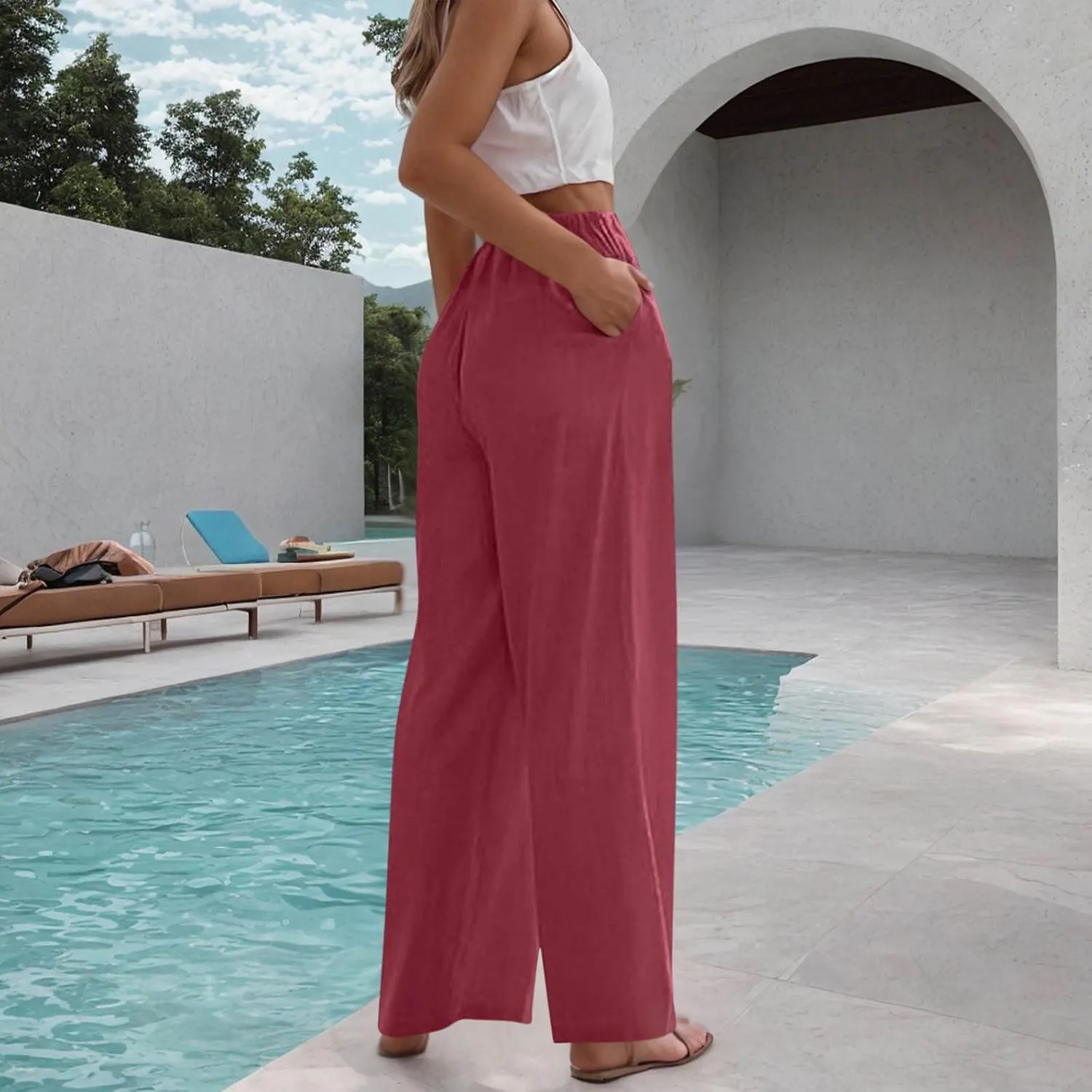 Women's Linen Summer Palazzo Pants Drawstring Elastic Waist Baggy Long Pant Flowy Wide Leg Beach Trousers with Pockets