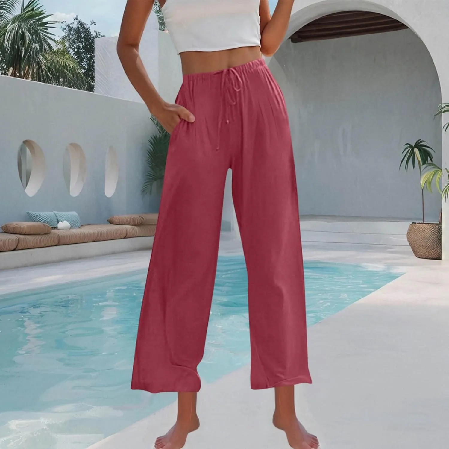 Women's Linen Summer Palazzo Pants Drawstring Elastic Waist Baggy Long Pant Flowy Wide Leg Beach Trousers with Pockets