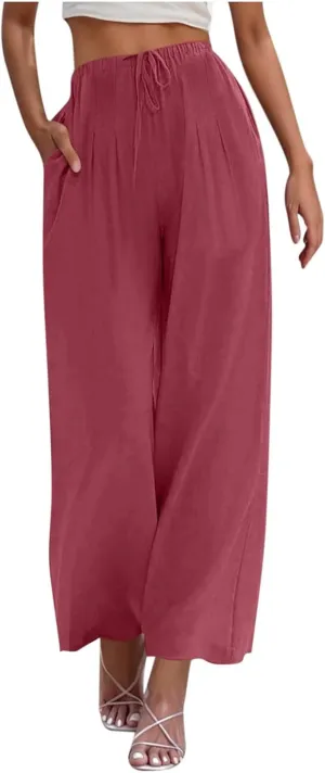 Women's Linen Summer Palazzo Pants Drawstring Elastic Waist Baggy Long Pant Flowy Wide Leg Beach Trousers with Pockets