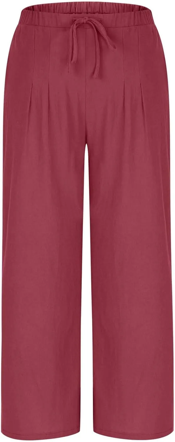Women's Linen Summer Palazzo Pants Drawstring Elastic Waist Baggy Long Pant Flowy Wide Leg Beach Trousers with Pockets
