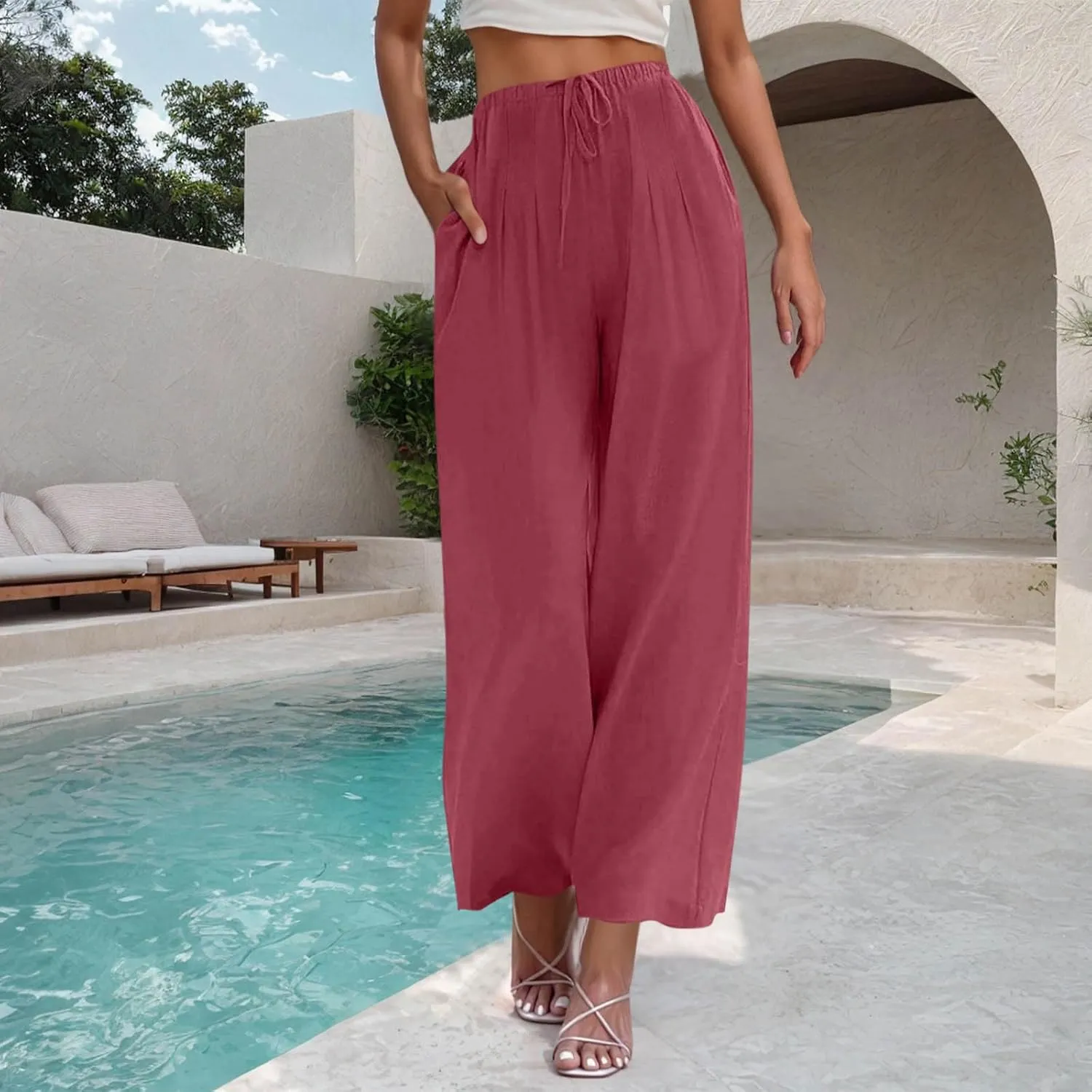 Women's Linen Summer Palazzo Pants Drawstring Elastic Waist Baggy Long Pant Flowy Wide Leg Beach Trousers with Pockets