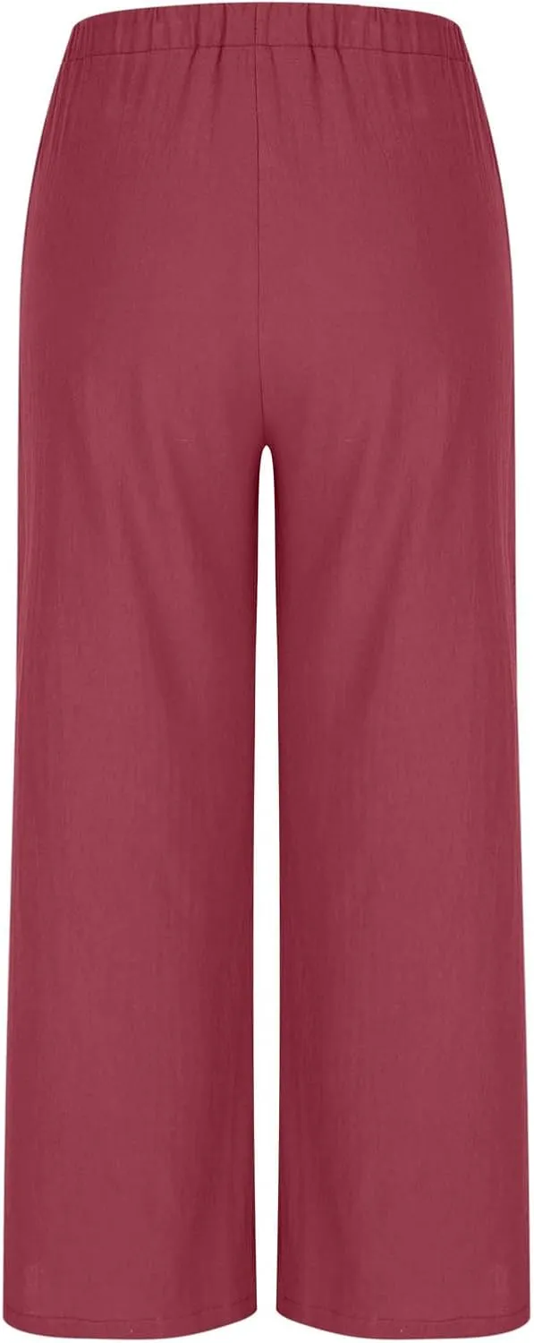 Women's Linen Summer Palazzo Pants Drawstring Elastic Waist Baggy Long Pant Flowy Wide Leg Beach Trousers with Pockets