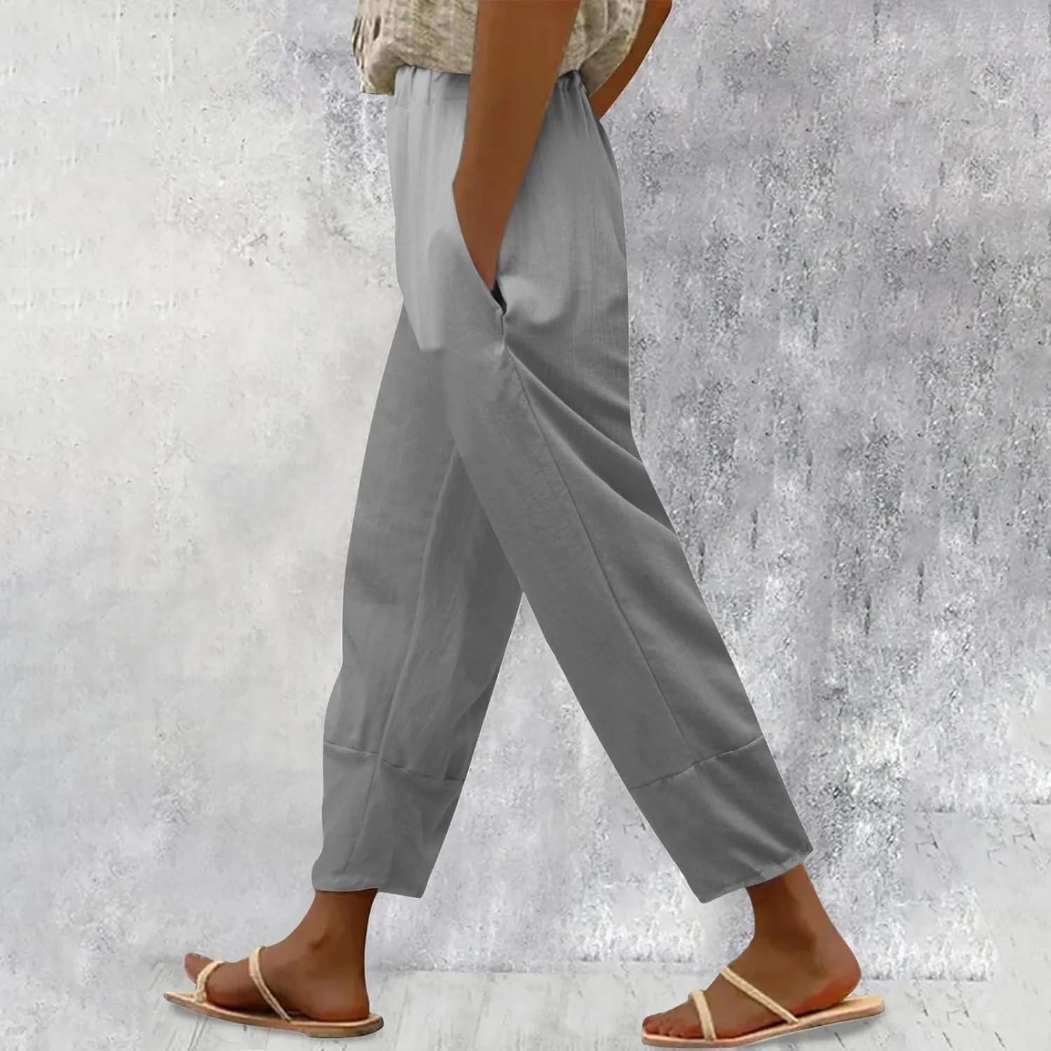 Women's Linen Summer Solid Palazzo Lounge Pants Low Waist Wide Leg Plus Size Trousers Travel