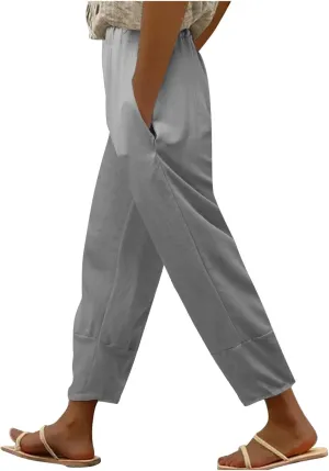 Women's Linen Summer Solid Palazzo Lounge Pants Low Waist Wide Leg Plus Size Trousers Travel