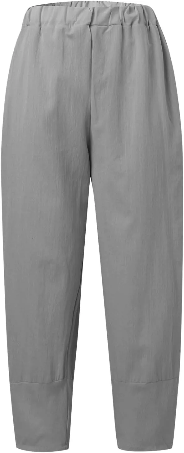 Women's Linen Summer Solid Palazzo Lounge Pants Low Waist Wide Leg Plus Size Trousers Travel