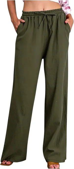 Womens Linen Wide Leg Palazzo Pants Casual Loose Drawstring Summer Beach Travel Vacation Harem Pants with Pockets
