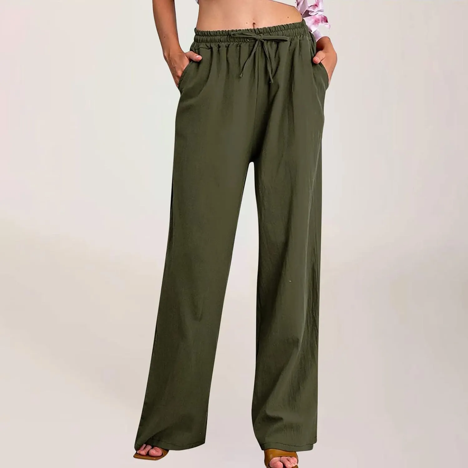 Womens Linen Wide Leg Palazzo Pants Casual Loose Drawstring Summer Beach Travel Vacation Harem Pants with Pockets